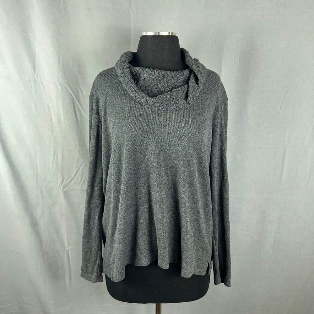 Rafaella Sweater Womens XL Gray Cotton Tight Knit Textured Cowl Neck Side Slit